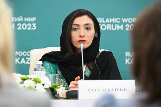Haya Al-Katerji, founder and General Director of UR Designs Group (UAE), at the press conference, A Woman’s Perspective on Non-Woman’s Business, held as part of the XIV International Economic Forum RUSSIA — ISLAMIC WORLD: KAZANFORUM 2023. Crediting the source is mandatory when using the photo. Location: Russia, Republic of Tatarstan, Kazan. Author: Ramil Sitdikov/ANO “Directorate for Sports and Social Projects”. KAZANFORUM 2023. Press conference: A Woman’s Perspective on Non-Woman’s Business