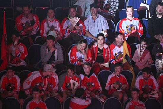 Fans during the Golden Puck hockey tournament held as part of the 14th Russia - Islamic World: KazanForum International Economic Forum. Crediting the source is mandatory when using the photo. Location: Russia, Republic of Tatarstan, Kazan. Author: Ramil Sitdikov/ANO “Directorate for Sports and Social Projects”. KAZANFORUM 2023. Golden Puck tournament