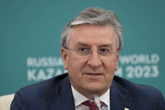 Airat Farrakhov, Member of the State Duma Committee on Budget and Taxes, Member of the Parliamentary Friendship Group with the Parliaments of the Persian Gulf Countries. News conference, International Cooperation and Innovation: New Opportunities and Prospects for Cooperation with the Persian States, during the 14th Russia - Islamic World: KazanForum International Economic Forum. Crediting the source is mandatory when using the photo. Location: Russia, Republic of Tatarstan, Kazan. Author: Evgeny Biyatov/ANO “Directorate for Sports and Social Projects”. KAZANFORUM 2023. News conference, International Cooperation and Innovation: New Opportunities and Prospects for Cooperation with the Persian States