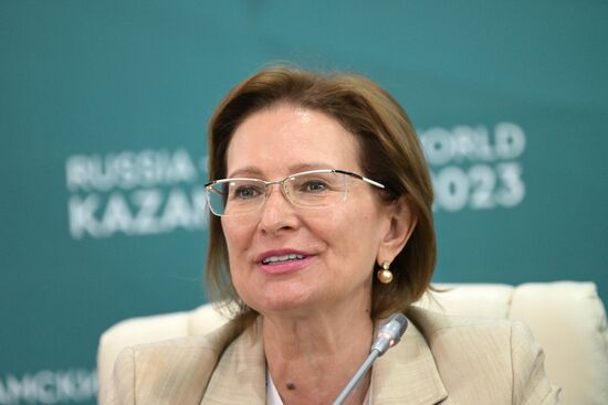 Tatyana Gvilava, Chair of the Russian-Arab Business Council, President of the Women of Business National Public Organization, Co-Chair of the Women's Business Council World Association on the Development of Entrepreneurship. News conference, International Cooperation and Innovation: New Opportunities and Prospects for Cooperation with the Persian States, during the 14th Russia - Islamic World: KazanForum International Economic Forum. Crediting the source is mandatory when using the photo. Location: Russia, Republic of Tatarstan, Kazan. Author: Evgeny Biyatov/ANO “Directorate for Sports and Social Projects”. KAZANFORUM 2023. News conference, International Cooperation and Innovation: New Opportunities and Prospects for Cooperation with the Persian States