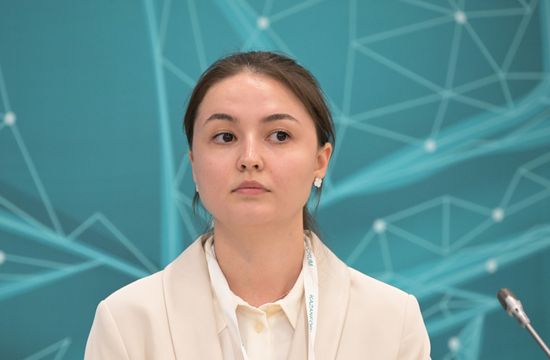 Gulnaz Sharapova, founder of the SG Pharmbio project, at the University Technological Entrepreneurship as a Driver of Regional Economic Development session held as part of the 14th Russia - Islamic World: KazanForum International Economic Forum. Crediting the source is mandatory when using the photo. Location: Russia, Republic of Tatarstan, Kazan. Author: Vladimir Astapkovich/ANO “Directorate for Sports and Social Projects”. KAZANFORUM 2023. University technological entrepreneurship as a driver of regional economic development