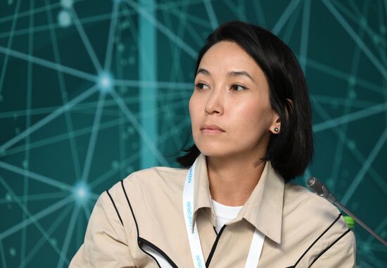 Ainura Sagyn, Software Engineer, General Director and founder of Tazar - Become Greener platform, Kyrgyzstan, at the session on The Sustainable Transformation of Companies and Communities in the Global Challenges of the 21st Century as part of the XIV International Economic Forum RUSSIA — ISLAMIC WORLD: KAZANFORUM 2023. Crediting the source is mandatory when using the photo. Location: Russia, Republic of Tatarstan, Kazan. Author: Ilya Pitalev/ANO “Directorate for Sports and Social Projects”. KAZANFORUM 2023. The Sustainable Transformation of Companies and Communities in the Global Challenges of the 21st Century