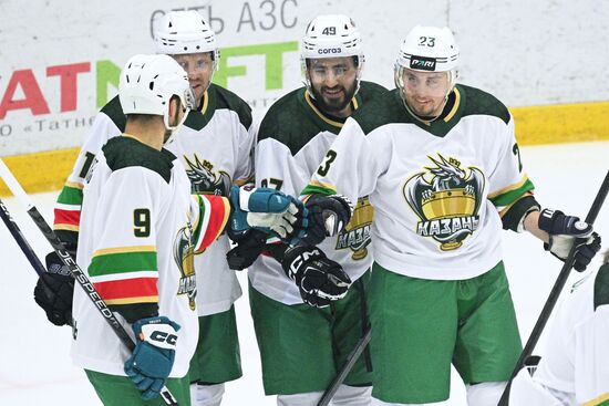 Players celebrate a score during the Golden Puck ice hockey tournament held as part of the 14th Russia - Islamic World: KazanForum International Economic Forum. Crediting the source is mandatory when using the photo. Location: Russia, Republic of Tatarstan, Kazan. Author: Ramil Sitdikov/ANO “Directorate for Sports and Social Projects”. KAZANFORUM 2023. Golden Puck tournament