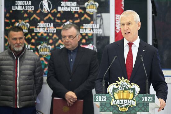 Russian Minister of Sports Oleg Matytsin speaks at the awards ceremony after the Golden Puck ice hockey tournament held as part of the 14th Russia - Islamic World: KazanForum International Economic Forum. Crediting the source is mandatory when using the photo. Location: Russia, Republic of Tatarstan, Kazan. Author: Ramil Sitdikov/ANO “Directorate for Sports and Social Projects”. KAZANFORUM 2023. Golden Puck tournament