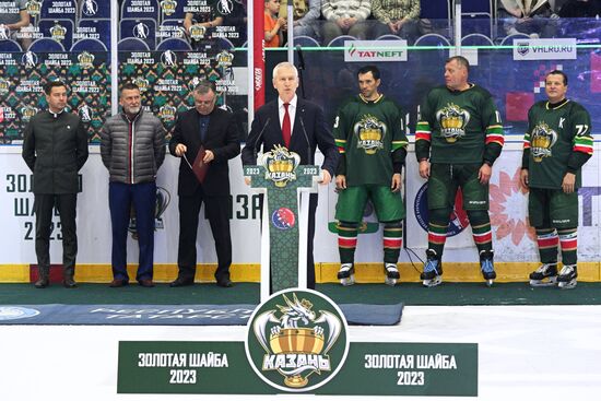 Center: Russian Minister of Sports Oleg Matytsin speaks at the awards ceremony after the Golden Puck ice hockey tournament held as part of the 14th Russia - Islamic World: KazanForum International Economic Forum. Crediting the source is mandatory when using the photo. Location: Russia, Republic of Tatarstan, Kazan. Author: Ramil Sitdikov/ANO “Directorate for Sports and Social Projects”. KAZANFORUM 2023. Golden Puck tournament