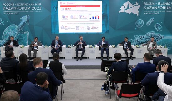 Participants of the session, Presentation of investment prospects of Russian regions for partners from the OIC member states, held as part of the 14th Russia - Islamic World: KazanForum International Economic Forum. Crediting the source is mandatory when using the photo. Location: Russia, Republic of Tatarstan, Kazan. Author: Pavel Lisitsyn/ANO “Directorate for Sports and Social Projects”. KAZANFORUM 2023. Presentation of investment prospects of Russian regions for partners from the OIC member states