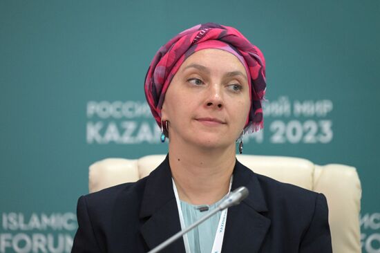 Irina Grebennikova, owner and CEO of the Terra Anima animation studio, at a press conference on the promotion of national heroes held as part of the 14th Russia - Islamic World: KazanForum International Economic Forum. Crediting the source is mandatory when using the photo. Location: Russia, Republic of Tatarstan, Kazan. Author: Evgeny Biyatov/ANO “Directorate for Sports and Social Projects”. KAZANFORUM 2023. Press conference on the promotion of national heroes