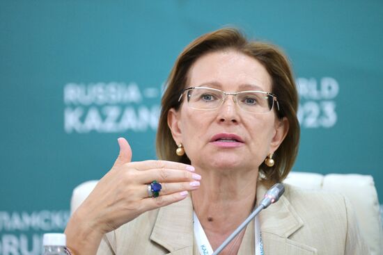 Tatyana Gvilava, Chair of the Russian-Arab Business Council, President of the Women of Business National Public Organization, Co-Chair of the Women's Business Council World Association on the Development of Entrepreneurship, at the news conference, International Cooperation and Innovation: New Opportunities and Prospects for Cooperation with the Persian States, held as part of the XIV International Economic Forum RUSSIA — ISLAMIC WORLD: KAZANFORUM 2023. Crediting the source is mandatory when using the photo. Location: Russia, Republic of Tatarstan, Kazan. Author: Evgeny Biyatov/ANO “Directorate for Sports and Social Projects”. KAZANFORUM 2023. News conference, International Cooperation and Innovation: New Opportunities and Prospects for Cooperation with the Persian States