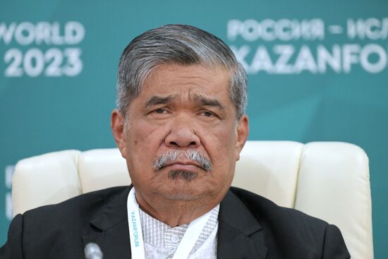 Politician Datuk Seri Haji Mohamad bin Sabu at the news conference on the results the Russia-Malaysia roundtable discussion held as part of the 14th Russia - Islamic World: KazanForum International Economic Forum. Crediting the source is mandatory when using the photo. Location: Russia, Republic of Tatarstan, Kazan. Author: Evgeny Biyatov/ANO “Directorate for Sports and Social Projects”. KAZANFORUM 2023. News conference on the results the Russia-Malaysia roundtable discussion