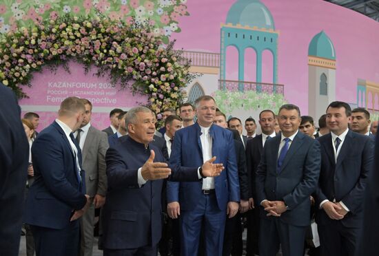 Head of the Republic of Tatarstan Rustam Minnikhanov, foreground left, visits the 14th Russia - Islamic World: KazanForum International Economic Forum. Foreground center: Deputy Prime Minister of the Russian Federation Marat Khusnullin. Crediting the source is mandatory when using the photo. Location: Russia, Republic of Tatarstan, Kazan. Author: Evgeny Biyatov/ANO “Directorate for Sports and Social Projects”. Head of Republic of Tatarstan Rustam Minnikhanov visits KAZANFORUM 2023