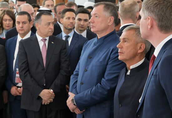 Head of the Republic of Tatarstan Rustam Minnikhanov, second right, visits the 14th Russia - Islamic World: KazanForum International Economic Forum. Third right: Deputy Prime Minister of the Russian Federation Marat Khusnullin. Crediting the source is mandatory when using the photo. Location: Russia, Republic of Tatarstan, Kazan. Author: Evgeny Biyatov/ANO “Directorate for Sports and Social Projects”. Head of Republic of Tatarstan Rustam Minnikhanov visits KAZANFORUM 2023