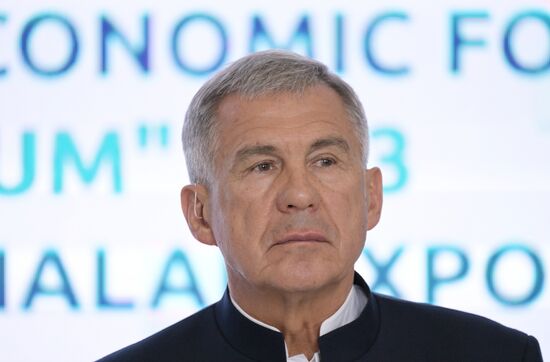 Head of the Republic of Tatarstan Rustam Minnikhanov visits the 14th Russia - Islamic World: KazanForum International Economic Forum. Crediting the source is mandatory when using the photo. Location: Russia, Republic of Tatarstan, Kazan. Author: Evgeny Biyatov/ANO “Directorate for Sports and Social Projects”. Head of Republic of Tatarstan Rustam Minnikhanov visits KAZANFORUM 2023