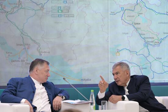 Head of the Republic of Tatarstan Rustam Minnikhanov, right, visits the 14th Russia - Islamic World: KazanForum International Economic Forum. Left: Deputy Prime Minister of the Russian Federation Marat Khusnullin. Crediting the source is mandatory when using the photo. Location: Russia, Republic of Tatarstan, Kazan. Author: Evgeny Biyatov/ANO “Directorate for Sports and Social Projects”. Head of Republic of Tatarstan Rustam Minnikhanov visits KAZANFORUM 2023
