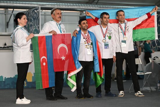 The Azerbaijani team of chefs at the photo session at the International Cup of Chefs KazanForum 2023 as part of the 14th Russia - Islamic World: KazanForum International Economic Forum. Chefs' national teams from 11 countries will compete in the art of cuistine. Crediting the source is mandatory when using the photo. Location: Russia, Republic of Tatarstan, Kazan. Author: Svetlana Shevchenko/ANO “Directorate for Sports and Social Projects”. KAZANFORUM 2023. Dialogue of Cultures: Opening of the International Cup of Chefs KazanForum 2023