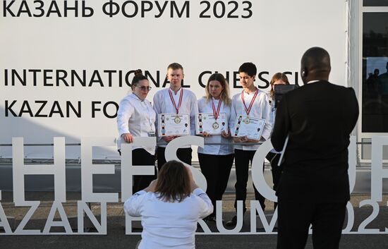 Participants of the International Cup of Chefs KazanForum 2023 as part of the 14th Russia - Islamic World: KazanForum International Economic Forum. Chefs' national teams from 11 countries will compete in the art of cuistine. Crediting the source is mandatory when using the photo. Location: Russia, Republic of Tatarstan, Kazan. Author: Svetlana Shevchenko/ANO “Directorate for Sports and Social Projects”. KAZANFORUM 2023. Dialogue of Cultures: Opening of the International Cup of Chefs KazanForum 2023