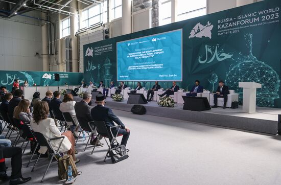 Participants in the Drivers for the Development of Russian AIC Export: Halal Products session held as part of the 14th Russia - Islamic World: KazanForum International Economic Forum. Photos may be used subject to the terms in the forum-specific section of the media bank. Location: Russia, Republic of Tatarstan, Kazan. Author: Alexey Nikolskiy/ANO “Directorate for Sports and Social Projects”. KAZANFORUM 2023. Drivers for the development of Russian AIC export: Halal products