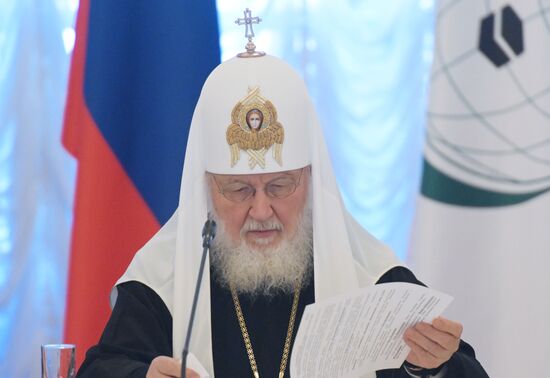 Patriarch Kirill of Moscow and All Russia. Russia-Islamic World Strategic Vision Group, a session during the 14th Russia - Islamic World: KazanForum international economic forum. Photos may be used subject to the terms in the forum-specific section of the media bank. Location: Russia, Republic of Tatarstan, Kazan. Author: Pavel Lisitsyn/ANO “Directorate for Sports and Social Projects”. KAZANFORUM 2023. Russia-Islamic World Strategic Vision Group