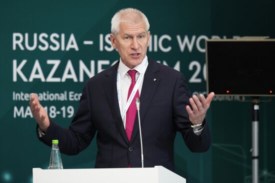 Russian Minister of Sports Oleg Matitsyn at the Sport is a Factor of Sustainable Partnership session held as part of the 14th Russia - Islamic World: KazanForum International Economic Forum. Photos may be used subject to the terms in the forum-specific section of the media bank. Location: Russia, Republic of Tatarstan, Kazan. Author: Alexei Danichev/ANO “Directorate for Sports and Social Projects”. KAZANFORUM 2023. Sport is a factor of sustainable partnership