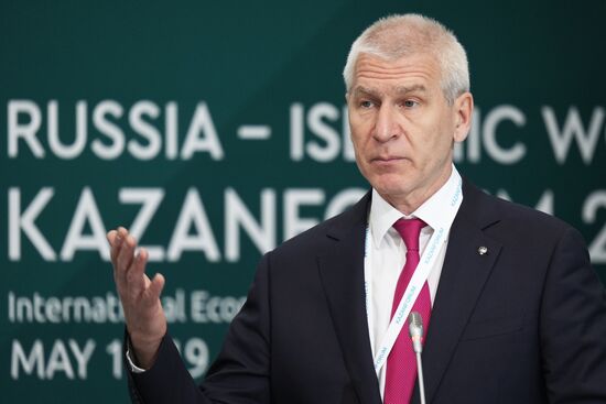 Russian Minister of Sports Oleg Matitsyn at the Sport is a Factor of Sustainable Partnership session held as part of the 14th Russia - Islamic World: KazanForum International Economic Forum. Photos may be used subject to the terms in the forum-specific section of the media bank. Location: Russia, Republic of Tatarstan, Kazan. Author: Alexei Danichev/ANO “Directorate for Sports and Social Projects”. KAZANFORUM 2023. Sport is a factor of sustainable partnership