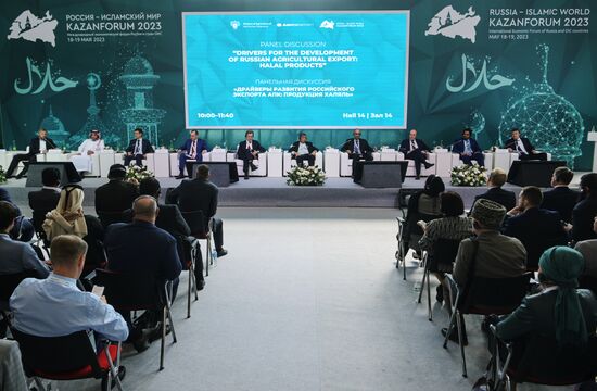 Participants in the Drivers for the development of Russian AIC export: Halal products session held as part of the 14th Russia - Islamic World: KazanForum International Economic Forum. Photos may be used subject to the terms in the forum-specific section of the media bank. Location: Russia, Republic of Tatarstan, Kazan. Author: Alexey Nikolskiy/ANO “Directorate for Sports and Social Projects”. KAZANFORUM 2023. Drivers for the development of Russian AIC export: Halal products