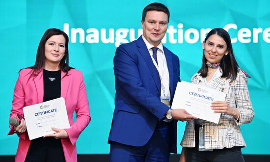 From left: Dilbar Sadykova, founder of the RT Academy of Youth Diplomacy, member of the Leaders of International Cooperation movement; and Chair of the Young Diplomats Council of the Russian Foreign Ministry Konstantin Kolpakov at the OIC Young Diplomats Forum held as part of the 14th Russia - Islamic World: KazanForum International Economic Forum. Photos may be used subject to the terms in the forum-specific section of the media bank. Location: Russia, Republic of Tatarstan, Kazan. Author: Alexey Maishev/ANO “Directorate for Sports and Social Projects”. KAZANFORUM 2023. OIC Young Diplomats Forum