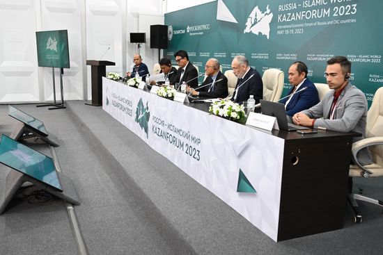 Participants of the Russia-Indonesia news conference held as part of the 14th Russia - Islamic World: KazanForum International Economic Forum. Photos may be used subject to the terms in the forum-specific section of the media bank. Location: Russia, Republic of Tatarstan, Kazan. Author: Maksim Bogodvid/ANO “Directorate for Sports and Social Projects”. KAZANFORUM 2023. Russia-Indonesia news conference