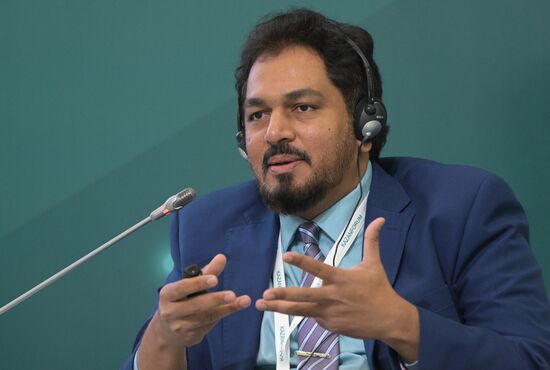 Faisal Ahmed Khan, Chief Operating Officer at A'Saffa Food Processing LLC, at the Drivers for the development of Russian AIC export: Halal products session held as part of the 14th Russia - Islamic World: KazanForum International Economic Forum. Photos may be used subject to the terms in the forum-specific section of the media bank. Location: Russia, Republic of Tatarstan, Kazan. Author: Alexey Nikolskiy/ANO “Directorate for Sports and Social Projects”. KAZANFORUM 2023. Drivers for the development of Russian AIC export: Halal products