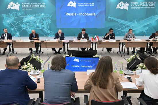 Participants in the Russia-Indonesia session held as part of the 14th Russia - Islamic World: KazanForum International Economic Forum. Photos may be used subject to the terms in the forum-specific section of the media bank. Location: Russia, Republic of Tatarstan, Kazan. Author: Evgeny Biyatov/ANO “Directorate for Sports and Social Projects”. KAZANFORUM 2023. Russia-Indonesia