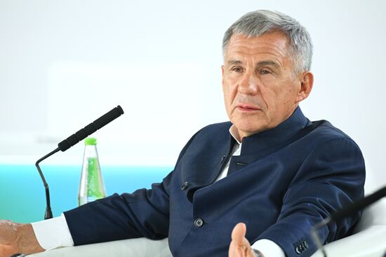 President of the Republic of Tatarstan Rustam Minnikhanov. SBER Leadership in the Development of Partnership Finance in the Russian Federation, a session during the 14th Russia - Islamic World: KazanForum international economic forum. Photos may be used subject to the terms in the forum-specific section of the media bank. Location: Russia, Republic of Tatarstan, Kazan. Author: Ramil Sitdikov/ANO “Directorate for Sports and Social Projects”. KAZANFORUM 2023. SBER Leadership in the Development of Partnership Finance in the Russian Federation