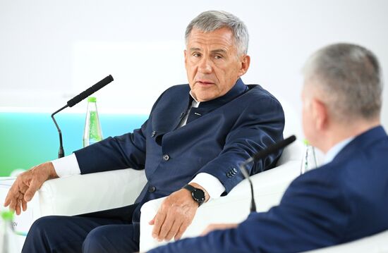 President of the Republic of Tatarstan Rustam Minnikhanov. SBER Leadership in the Development of Partnership Finance in the Russian Federation, a session during the 14th Russia - Islamic World: KazanForum international economic forum. Photos may be used subject to the terms in the forum-specific section of the media bank. Location: Russia, Republic of Tatarstan, Kazan. Author: Ramil Sitdikov/ANO “Directorate for Sports and Social Projects”. KAZANFORUM 2023. SBER Leadership in the Development of Partnership Finance in the Russian Federation