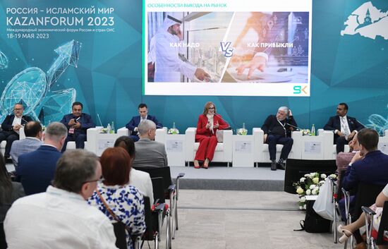 Participants in the session, Features and Algorithms of SMEs Entering the Market of the Islamic World, held as part of the 14th Russia - Islamic World: KazanForum International Economic Forum. Photos may be used as stated in the media bank section concerning the forum. Location: Russia, Republic of Tatarstan, Kazan. Author: Pavel Lisitsyn/ANO “Directorate for Sports and Social Projects”. KAZANFORUM 2023. Features and Algorithms of SMEs Entering the Market of the Islamic World