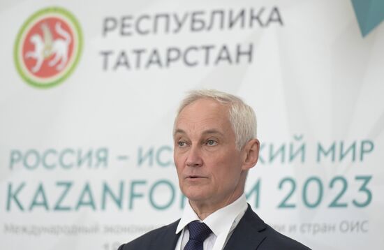 Russian First Deputy Prime Minister Andrei Belousov during the 14th Russia - Islamic World: KazanForum International Economic Forum. Photos may be used as stated in the media bank section concerning the forum. Location: Russia, Republic of Tatarstan, Kazan. Author: Pavel Lisitsyn/ANO “Directorate for Sports and Social Projects”. KAZANFORUM 2023. Sidelines