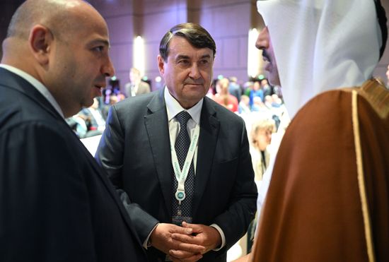 Center: Russian Presidential Aide Igor Levitin ahead of the plenary session of the Russia – Islamic World 14th International Economic Forum: Economy of Trust: Partnership between the Russian Federation and the OIC Countries. Photos may be used subject to the terms in the forum-specific section of the media bank. Location: Russia, Republic of Tatarstan, Kazan. Author: Ramil Sitdikov/ANO “Directorate for Sports and Social Projects”. KAZANFORUM 2023. Plenary session of the Russia – Islamic World 14th International Economic Forum