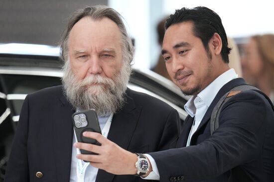 Leader of the International Eurasian Movement, political scientist Alexander Dugin (left) at the XIV International Economic Forum RUSSIA — ISLAMIC WORLD: KAZANFORUM 2023. Photos may be used as stated in the media bank section concerning the forum. Location: Russia, Republic of Tatarstan, Kazan. Author: Alexei Danichev/ANO “Directorate for Sports and Social Projects”. KAZANFORUM 2023. Sidelines