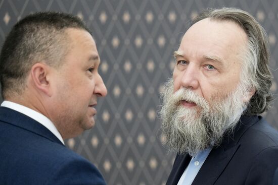 Leader of the International Eurasian Movement, political scientist Alexander Dugin (right) at the XIV International Economic Forum RUSSIA — ISLAMIC WORLD: KAZANFORUM 2023. Photos may be used as stated in the media bank section concerning the forum. Location: Russia, Republic of Tatarstan, Kazan. Author: Alexei Danichev/ANO “Directorate for Sports and Social Projects”. KAZANFORUM 2023. Sidelines