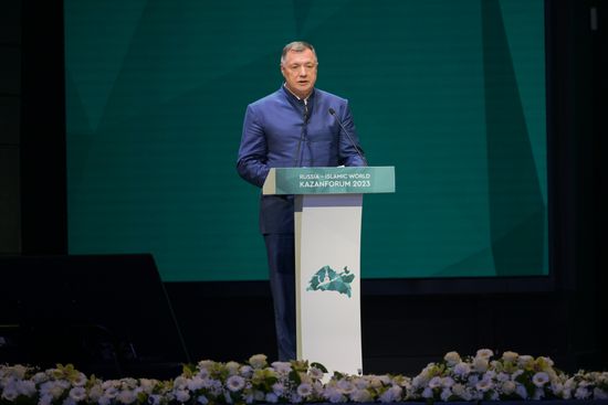 Deputy Prime Minister of Russia Marat Khusnullin at the plenary session of the Russia – Islamic World 14th International Economic Forum: Economy of Trust: Partnership between the Russian Federation and the OIC Countries. Photos may be used subject to the terms in the forum-specific section of the media bank. Location: Russia, Republic of Tatarstan, Kazan. Author: Evgeny Biyatov/ANO “Directorate for Sports and Social Projects”. KAZANFORUM 2023. Plenary session of the Russia – Islamic World 14th International Economic Forum