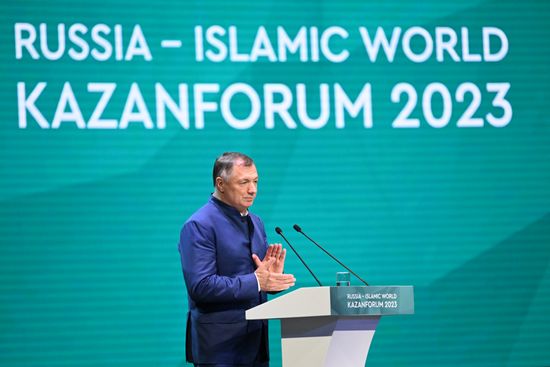 Deputy Prime Minister of Russia Marat Khusnullin at the plenary session of the Russia – Islamic World 14th International Economic Forum: Economy of Trust: Partnership between the Russian Federation and the OIC Countries. Photos may be used subject to the terms in the forum-specific section of the media bank. Location: Russia, Republic of Tatarstan, Kazan. Author: Maksim Bogodvid/ANO “Directorate for Sports and Social Projects”. KAZANFORUM 2023. Plenary session of the Russia – Islamic World 14th International Economic Forum