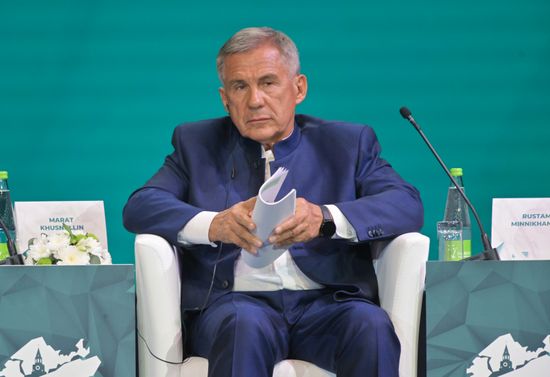 Head of the Tatarstan Republic Rustam Minnikhanov at the plenary session of the Russia – Islamic World 14th International Economic Forum: Economy of Trust: Partnership between the Russian Federation and the OIC Countries. Photos may be used subject to the terms in the forum-specific section of the media bank. Location: Russia, Republic of Tatarstan, Kazan. Author: Evgeny Biyatov/ANO “Directorate for Sports and Social Projects”. KAZANFORUM 2023. Plenary session of the Russia – Islamic World 14th International Economic Forum