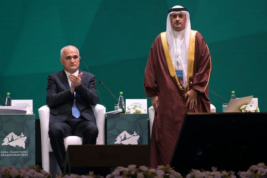 Left: Deputy Prime Minister of Azerbaijan Shahin Mustafayev, and Minister of Justice, Islamic Affairs and Waqf Nawaf bin Mohamed Al-Mawadeh at the plenary session of the Russia – Islamic World 14th International Economic Forum: Economy of Trust: Partnership between the Russian Federation and the OIC Countries. Photos may be used subject to the terms in the forum-specific section of the media bank. Location: Russia, Republic of Tatarstan, Kazan. Author: Evgeny Biyatov/ANO “Directorate for Sports and Social Projects”. KAZANFORUM 2023. Plenary session of the Russia – Islamic World 14th International Economic Forum
