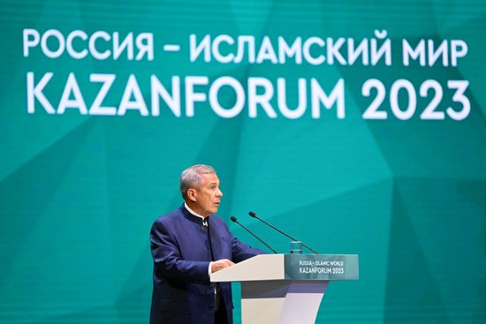 Head of the Tatarstan Republic Rustam Minnikhanov is seen speaking at the plenary session of the Russia – Islamic World 14th International Economic Forum: Economy of Trust: Partnership between the Russian Federation and the OIC Countries. Photos may be used subject to the terms in the forum-specific section of the media bank. Location: Russia, Republic of Tatarstan, Kazan. Author: Maksim Bogodvid/ANO “Directorate for Sports and Social Projects”. KAZANFORUM 2023. Plenary session of the Russia – Islamic World 14th International Economic Forum