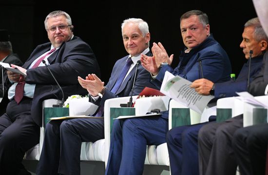 From left: Deputy Prime Minister of Russia Alexei Overchuk, First Deputy Prime Minister Andrei Belousov, Deputy Prime Minister Marat Khusnullin and Head of the Tatarstan Republic Rustam Minnikhanov at the plenary session of the Russia – Islamic World 14th International Economic Forum: Economy of Trust: Partnership between the Russian Federation and the OIC Countries. Photos may be used subject to the terms in the forum-specific section of the media bank. Location: Russia, Republic of Tatarstan, Kazan. Author: Ramil Sitdikov/ANO “Directorate for Sports and Social Projects”. KAZANFORUM 2023. Plenary session of the Russia – Islamic World 14th International Economic Forum