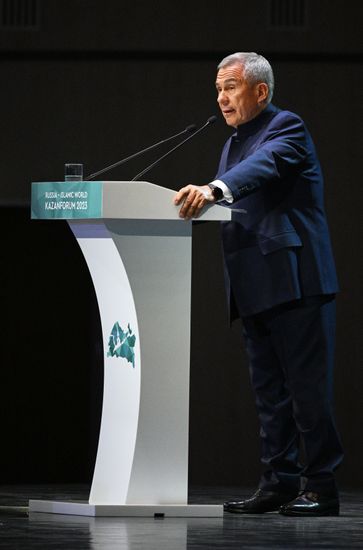 Head of the Tatarstan Republic Rustam Minnikhanov is seen speaking at the plenary session of the Russia – Islamic World 14th International Economic Forum: Economy of Trust: Partnership between the Russian Federation and the OIC Countries. Photos may be used subject to the terms in the forum-specific section of the media bank. Location: Russia, Republic of Tatarstan, Kazan. Author: Ramil Sitdikov/ANO “Directorate for Sports and Social Projects”. KAZANFORUM 2023. Plenary session of the Russia – Islamic World 14th International Economic Forum