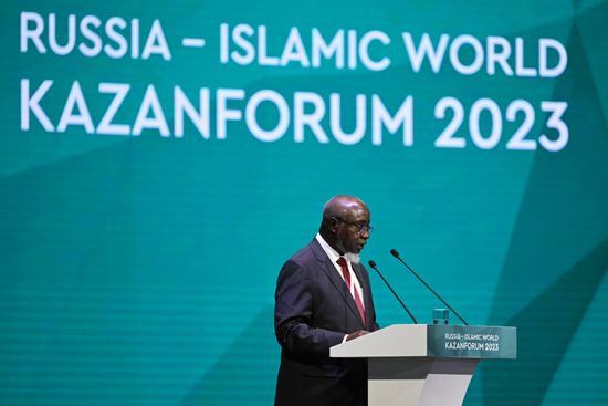 Assistant Secretary General of the OIC for Economic Cooperation Ahmad Kawesa Sengendo is seen speaking at the plenary session of the Russia – Islamic World 14th International Economic Forum: Economy of Trust: Partnership between the Russian Federation and the OIC Countries. Photos may be used subject to the terms in the forum-specific section of the media bank. Location: Russia, Republic of Tatarstan, Kazan. Author: Maksim Bogodvid/ANO “Directorate for Sports and Social Projects”. KAZANFORUM 2023. Plenary session of the Russia – Islamic World 14th International Economic Forum