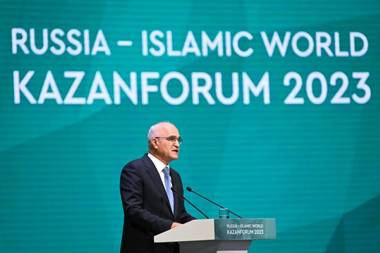 Deputy Prime Minister of Azerbaijan Shahin Mustafayev is seen speaking at the plenary session of the Russia – Islamic World 14th International Economic Forum: Economy of Trust: Partnership between the Russian Federation and the OIC Countries. Photos may be used subject to the terms in the forum-specific section of the media bank. Location: Russia, Republic of Tatarstan, Kazan. Author: Maksim Bogodvid/ANO “Directorate for Sports and Social Projects”. KAZANFORUM 2023. Plenary session of the Russia – Islamic World 14th International Economic Forum