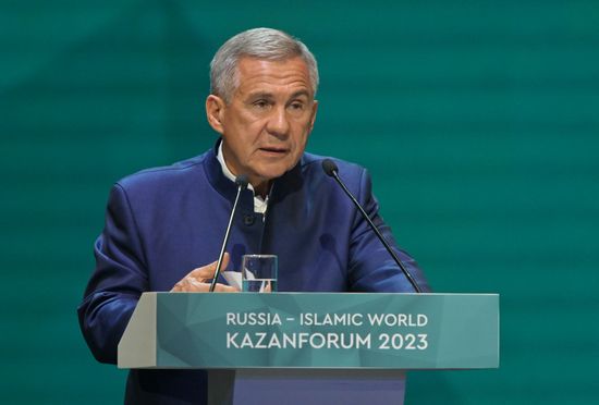 Head of the Tatarstan Republic Rustam Minnikhanov at the plenary session of the Russia – Islamic World 14th International Economic Forum: Economy of Trust: Partnership between the Russian Federation and the OIC Countries. Photos may be used subject to the terms in the forum-specific section of the media bank. Location: Russia, Republic of Tatarstan, Kazan. Author: Evgeny Biyatov/ANO “Directorate for Sports and Social Projects”. KAZANFORUM 2023. Plenary session of the Russia – Islamic World 14th International Economic Forum