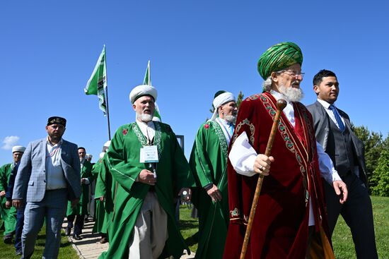 Supreme mufti of Russia Talgat Tajuddin, foreground, Chair of the Central Spiritual Board of Russia's Muslims, attends the Izge Bolgar Zhyeny festival held as part of the 14th International Russia — Islamic World Economic Forum. Photos may be used subject to the terms in the forum-specific section of the media bank. Location: Russia, Republic of Tatarstan, Bolgar. Author: Maksim Bogodvid/ANO “Directorate for Sports and Social Projects”. KAZANFORUM 2023. Izge Bolgar Zhyeny Festival