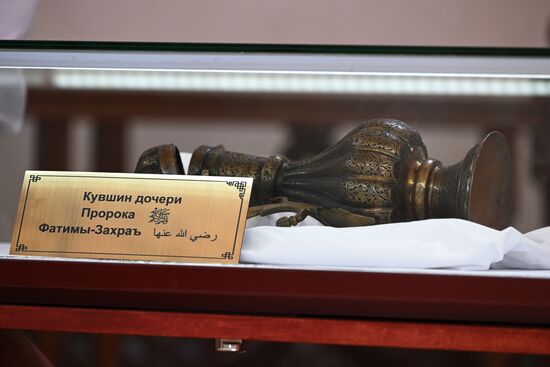 A jar that belonged to Fatima al-Zahra, the daughter of the Prophet, on display of Prophet Muhammad reliquaries at the Legacy of the Adoption of Islam by Volga Bulgars in 922 museum expo during the Izge Bolgar Zhyeny festival held as part of XIV International Economic Forum "Russia - the Islamic World: KazanForum". Photos may be used as stated in the media bank section concerning the Forum. Location: Russia, Republic of Tatarstan, Bolgar. Author: Maksim Bogodvid/ANO “Directorate for Sports and Social Projects”. KAZANFORUM 2023. Izge Bolgar Zhyeny Festival