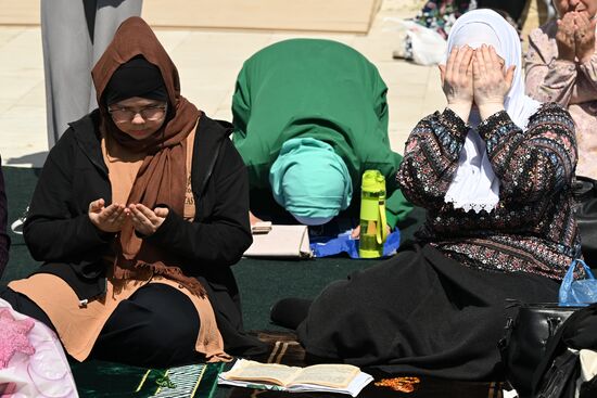 Women take part in a joint prayer during the Izge Bolgar Zhyeny festival held as part of XIV International Economic Forum "Russia - the Islamic World: KazanForum". Photos may be used as stated in the media bank section concerning the Forum. Location: Russia, Republic of Tatarstan, Bolgar. Author: Maksim Bogodvid/ANO “Directorate for Sports and Social Projects”. KAZANFORUM 2023. Izge Bolgar Zhyeny Festival