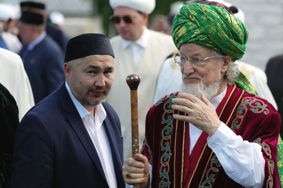 Supreme mufti of Russia and Chair of the Central Spiritual Board of Russia's Muslims Talgat Tajuddin, right, attends the Izge Bolgar Zhyeny festival held as part of the 14th International Russia — Islamic World Economic Forum. Photos may be used subject to the terms in the forum-specific section of the media bank. Location: Russia, Republic of Tatarstan, Bolgar. Author: Alexei Danichev/ANO “Directorate for Sports and Social Projects”. KAZANFORUM 2023. Izge Bolgar Zhyeny Festival