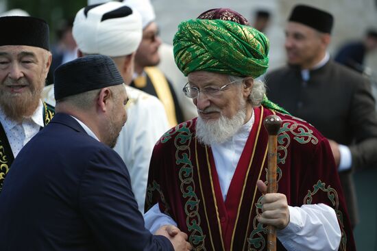 Talgat Tadzhuddin, right, Grand Mufti of Russia, Chairman of the Central Spiritual Administration of the Muslims of Russia, during the Izge Bolgar Zhyeny festival held as part of XIV International Economic Forum "Russia - the Islamic World: KazanForum" in the city of Bolgar. Photos may be used as stated in the media bank section concerning the Forum. Location: Russia, Republic of Tatarstan, Bolgar. Author: Alexei Danichev/ANO “Directorate for Sports and Social Projects”. KAZANFORUM 2023. Izge Bolgar Zhyeny Festival